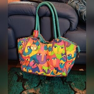 VTG Laurel Burch Colorful Feline Friends Cats All Over Ruffle Tote With Charm